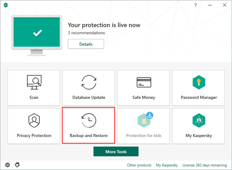Opening Backup and Restore in Kaspersky Total Security 20