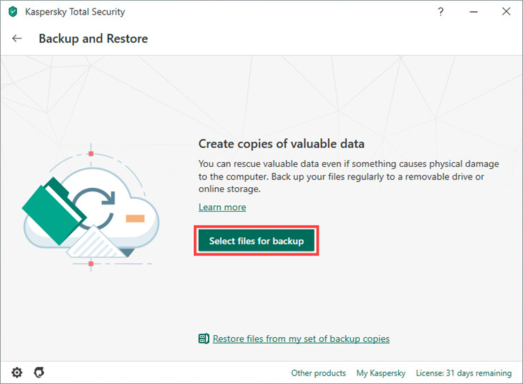 Opening the Select files for backup window in Kaspersky Total Security 20