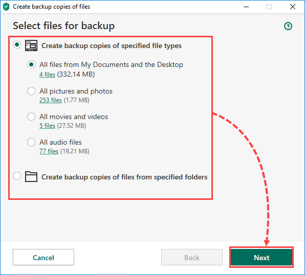Selecting files for backup in Kaspersky Total Security 20