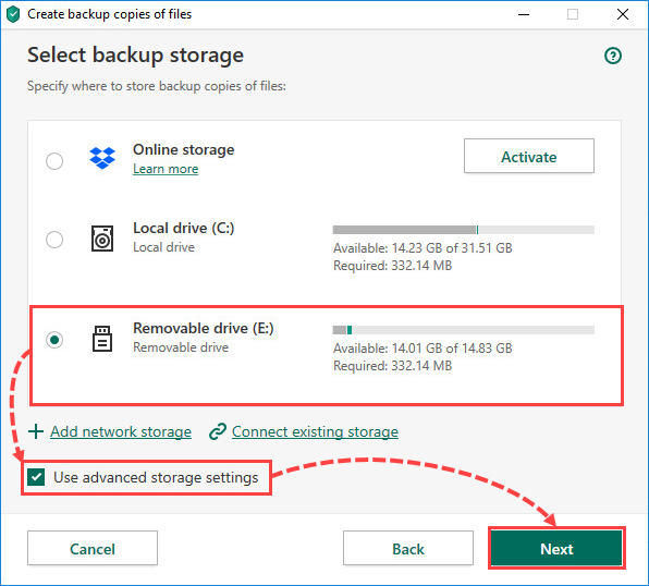 Selecting a removable drive for creating file backups in Kaspersky Total Security 20