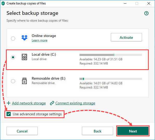 Selecting a local drive for creating file backups in Kaspersky Total Security 20
