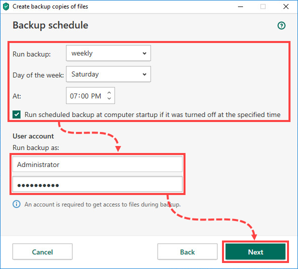 Setting a backup schedule in Kaspersky Total Security 20