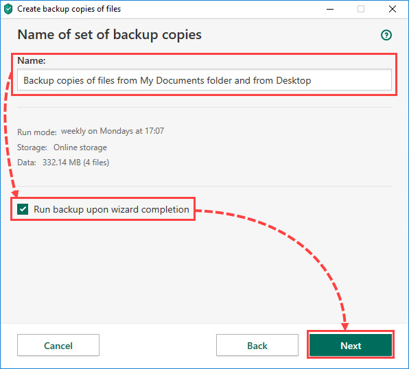 Running a backup in Kaspersky Total Security 20