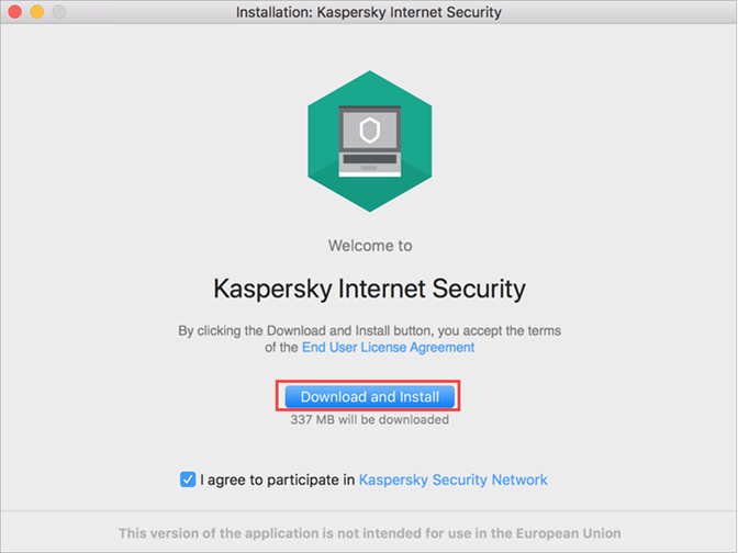 Accepting the KSN Statement and EULA before installing Kaspersky Internet Security 20 for Mac