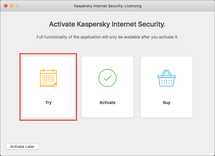 Applying the trial license to Kaspersky Internet Security 20 for Mac