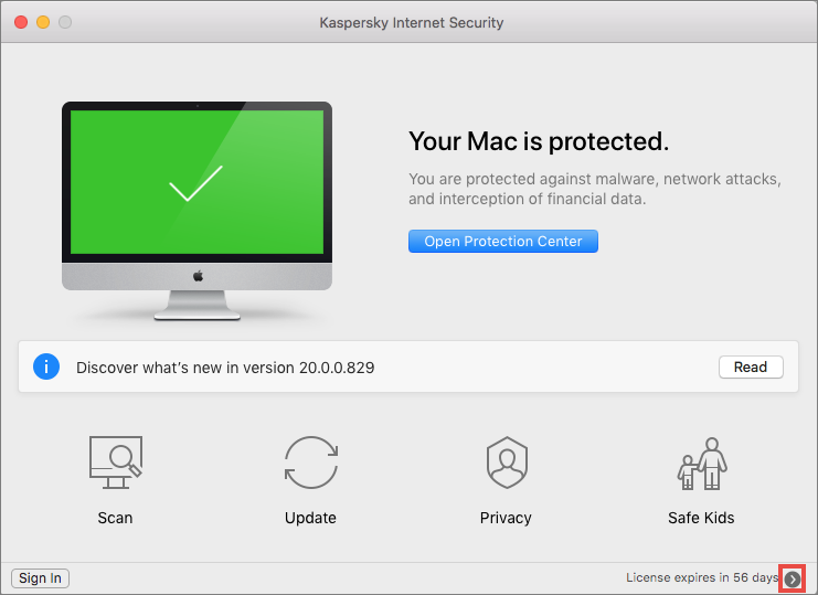 Applying the trial license to Kaspersky Internet Security 20 for Mac