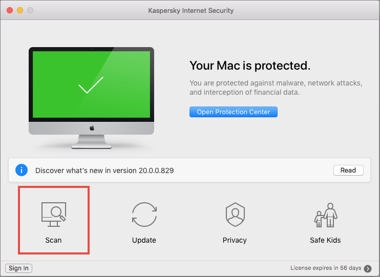 Opening a scan window in Kaspersky Internet Security for Mac
