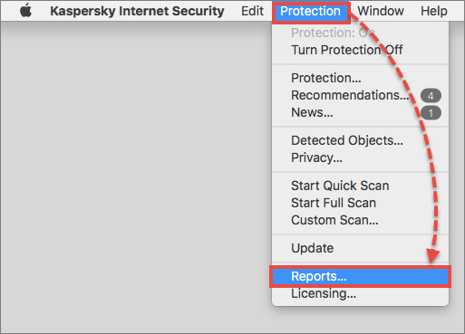 Opening the Reports window in Kaspersky Internet Security for Mac