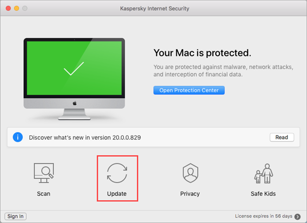 Updating databases in Kaspersky Internet Security 20 for Mac through the application menu