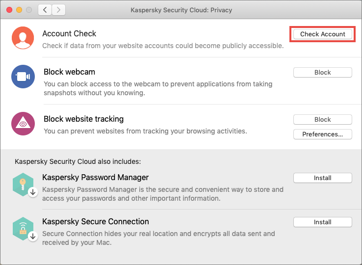 Starting a scan of a user account with Kaspersky Security Cloud 20 for Mac