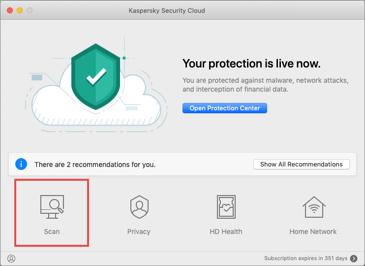 Opening a scan window in Kaspersky Security Cloud 20 for Mac