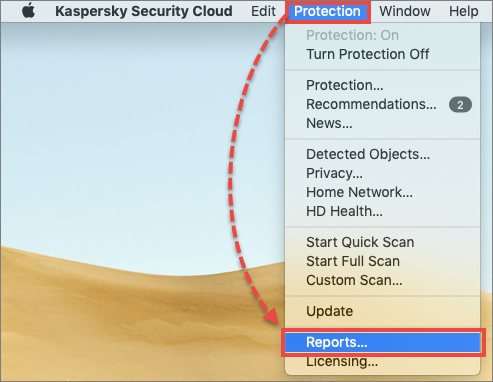 Opening the Reports window in Kaspersky Security Cloud for Mac