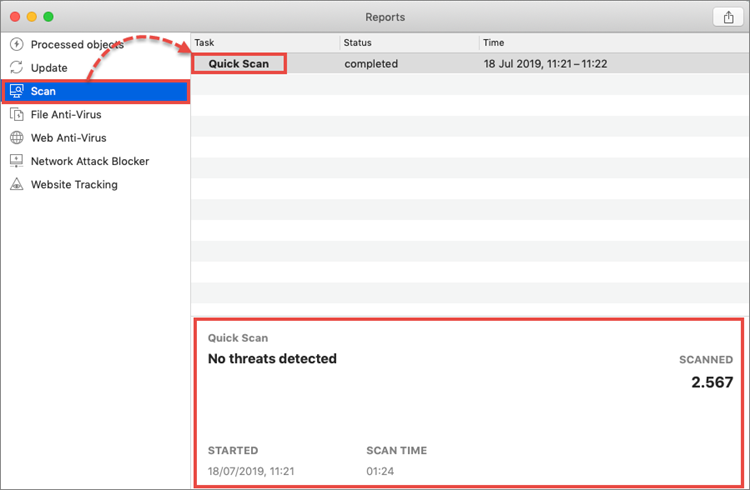 Viewing the scan task report in Kaspersky Security Cloud 20 for Mac