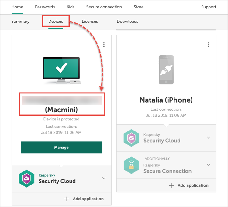 Opening the device management window in My Kaspersky