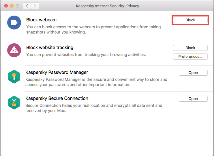 Blocking access to the video stream of web camera using Kaspersky Internet Security 20 for Mac