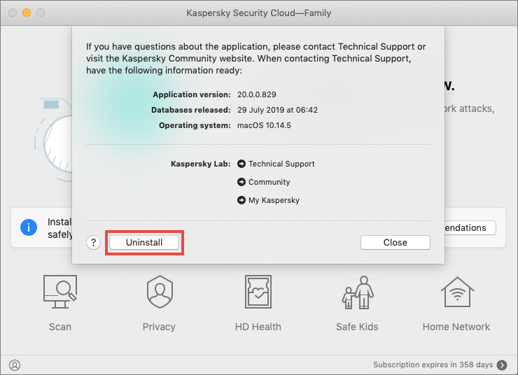 Uninstalling Kaspersky Security Cloud 20 for Mac
