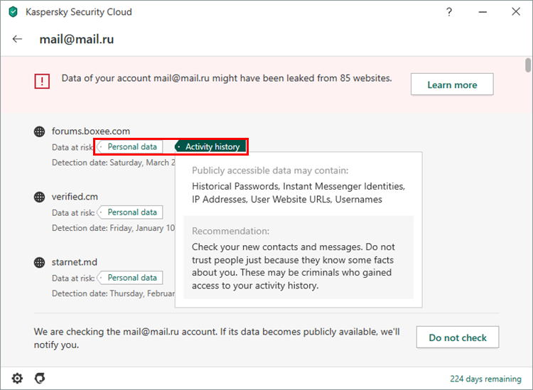 Viewing the results of an account leakage scan in Kaspersky Security Cloud 20