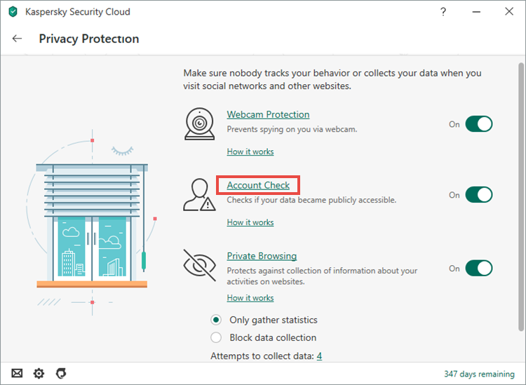 Opening the Account Check window in Kaspersky Security Cloud 20