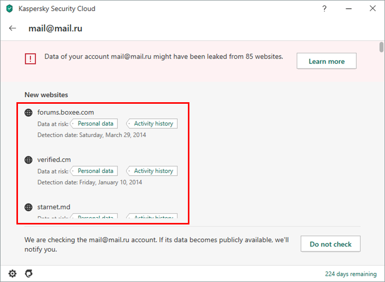 Detailed account check report in Kaspersky Security Cloud 20
