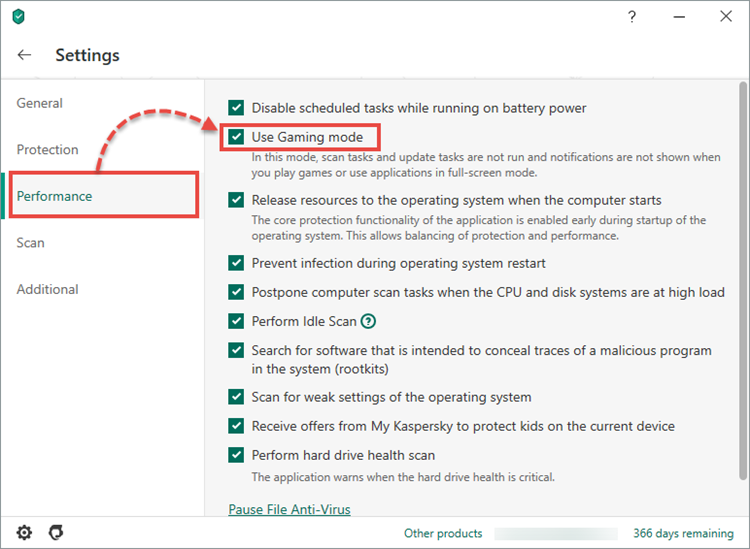 Enabling Gaming mode in Kaspersky Security Cloud 20