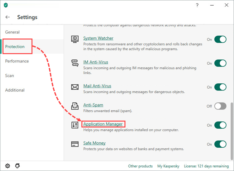 Opening the Application Manager settings window of Kaspersky Security Cloud 20