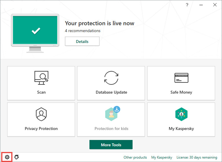 Opening the Tools window of Kaspersky Internet Security 20