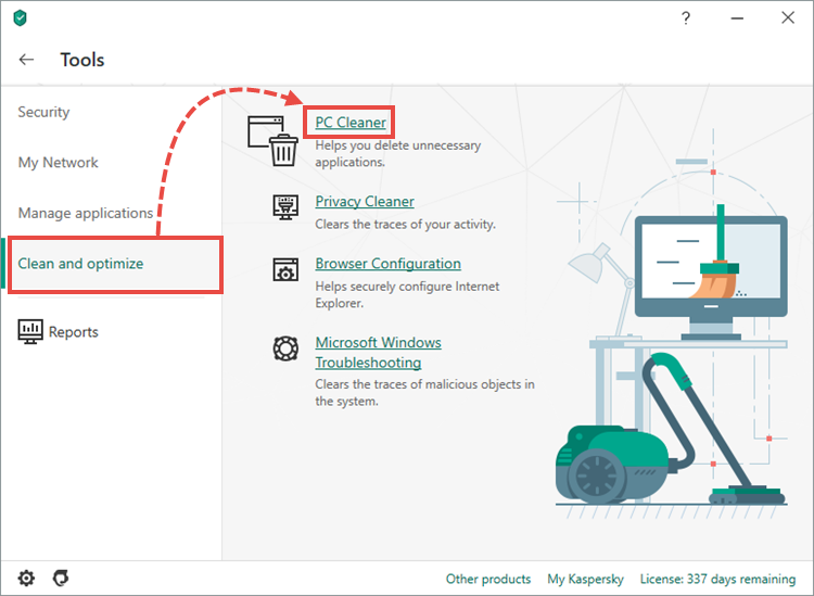 Opening the PC Cleaner tool in Kaspersky Internet Security 20
