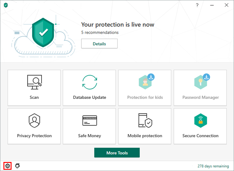 The main window of Kaspersky Security Cloud 20 with the Settings icon highlighted.