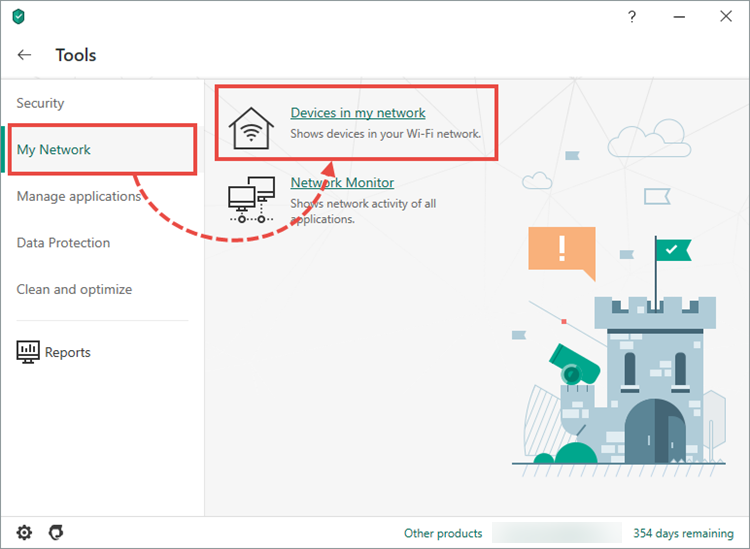 The Tools window in Kaspersky Security Cloud 20 with the Devices in my network menu item highlighted.