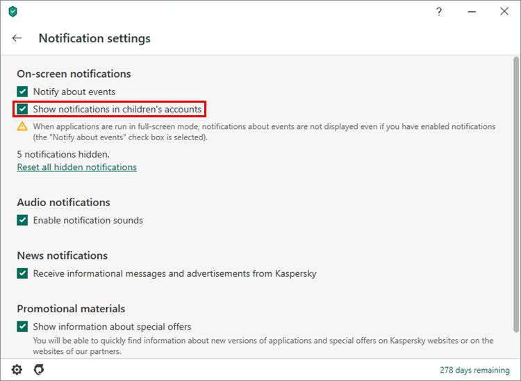 Notification settings in Kaspersky Security Cloud