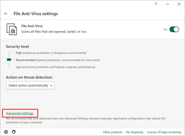 Opening the advanced File Anti-Virus settings in Kaspersky Internet Security 20
