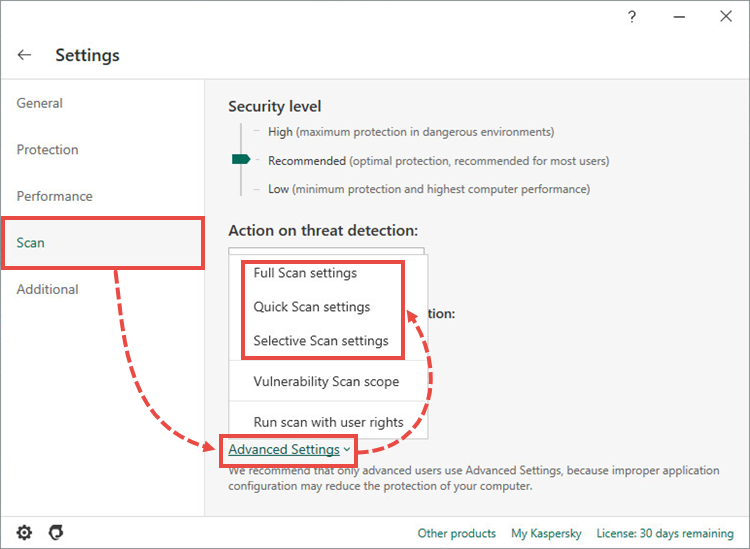 Opening the advanced scan settings in Kaspersky Internet Security 20