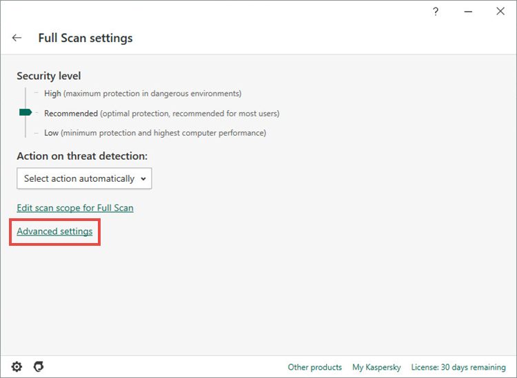 Opening the full scan settings in Kaspersky Internet Security 20