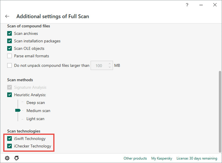 Enabling iSwift and iChecker in the full scan settings of Kaspersky Internet Security 20