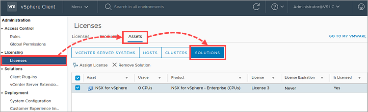 Opening Licenses → Assets → Solutions in vSphere