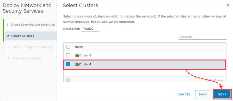 Selecting VMware clusters to install the Network Threat Protection component