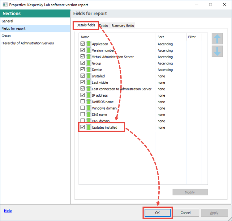 Configuring the report parameters in Kaspersky Security Center
