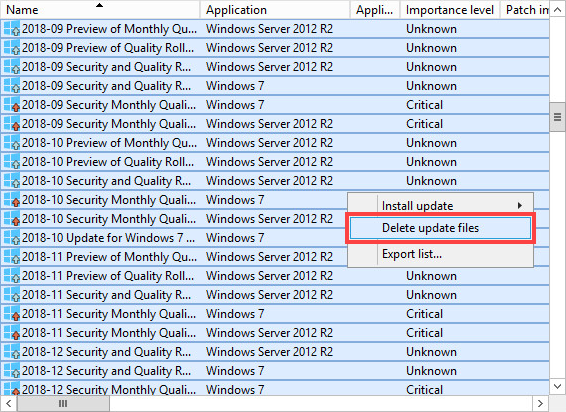 Deleting update files in Kaspersky Security Center.