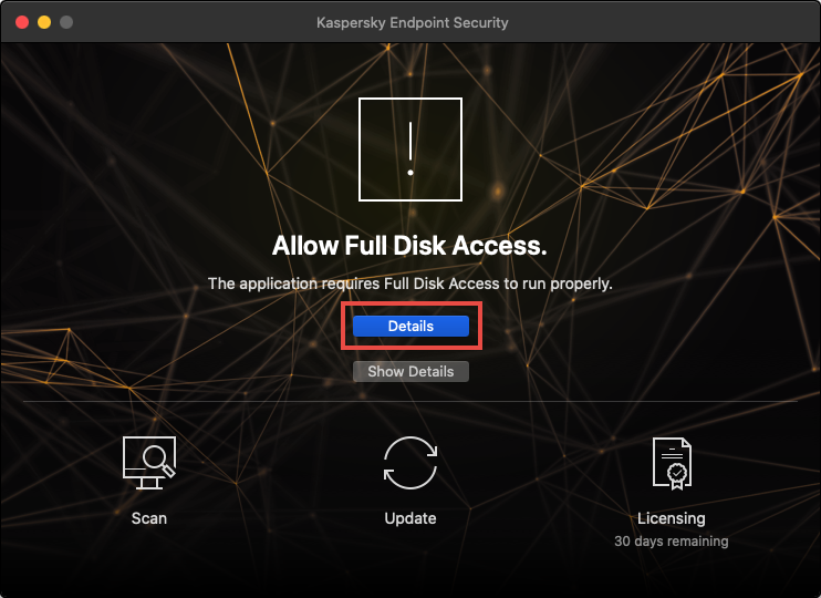 Opening the access preferences in Kaspersky Endpoint Security 11 for Mac