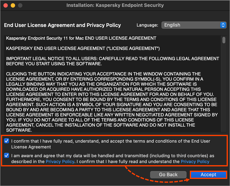 Accepting the terms of the End User License Agreement and Privacy Policy