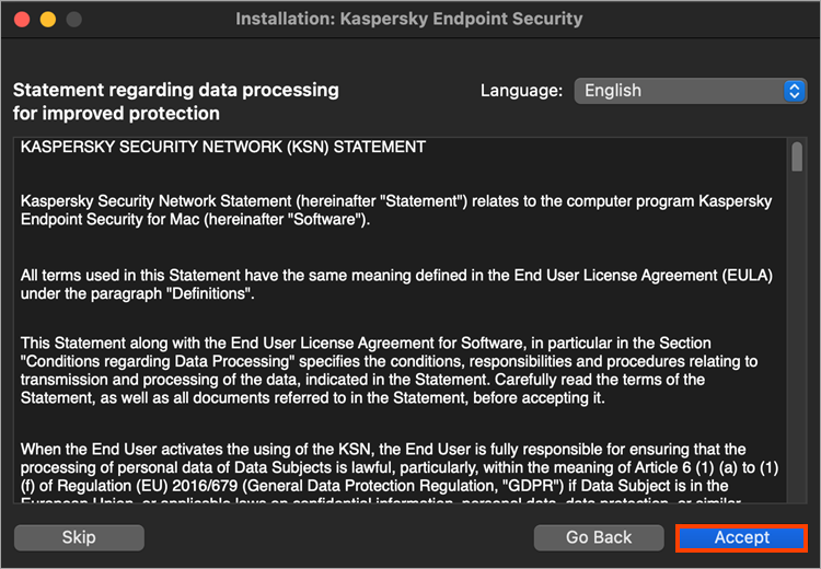 Accepting the Kaspersky Security Network Statement
