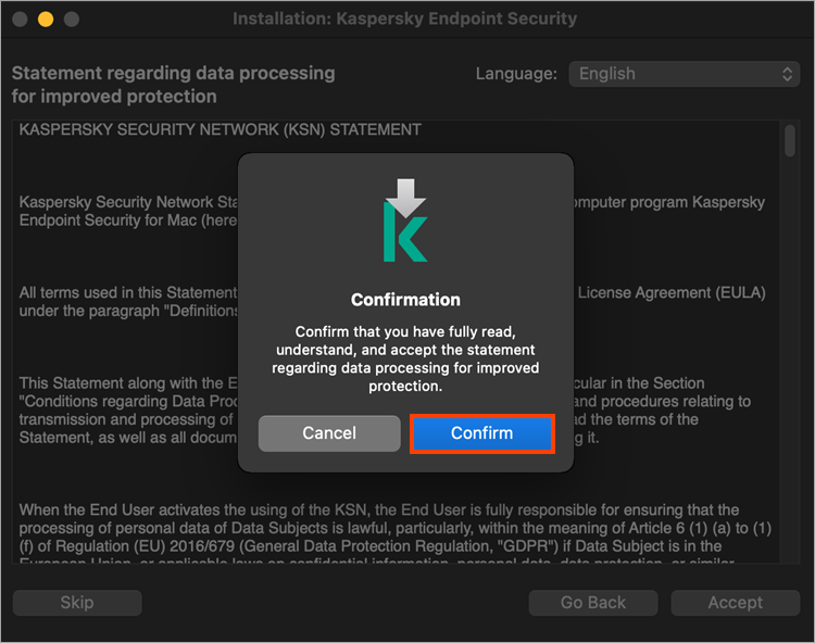 Confirming acceptance of the Kaspersky Security Network Statement