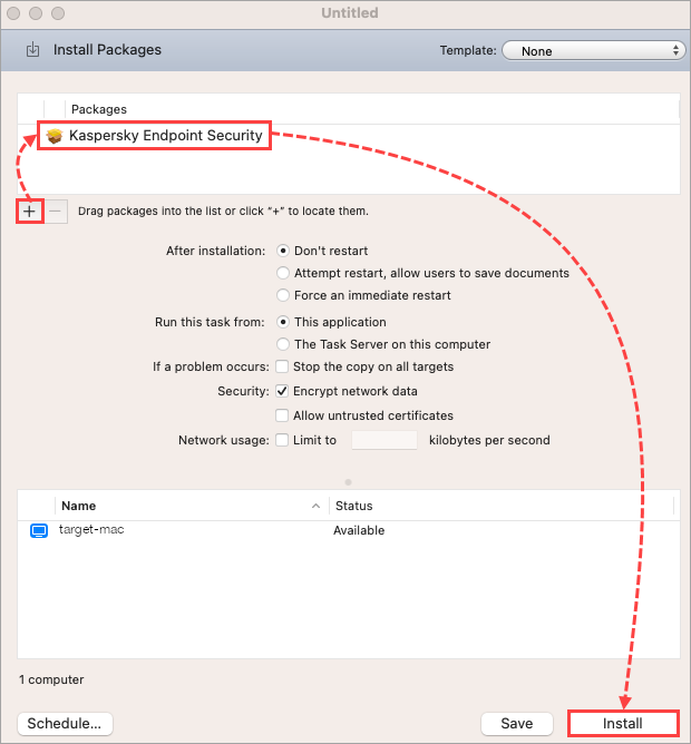 Installing the Kaspersky Endpoint Security 11 for Mac package via Apple Remote Desktop