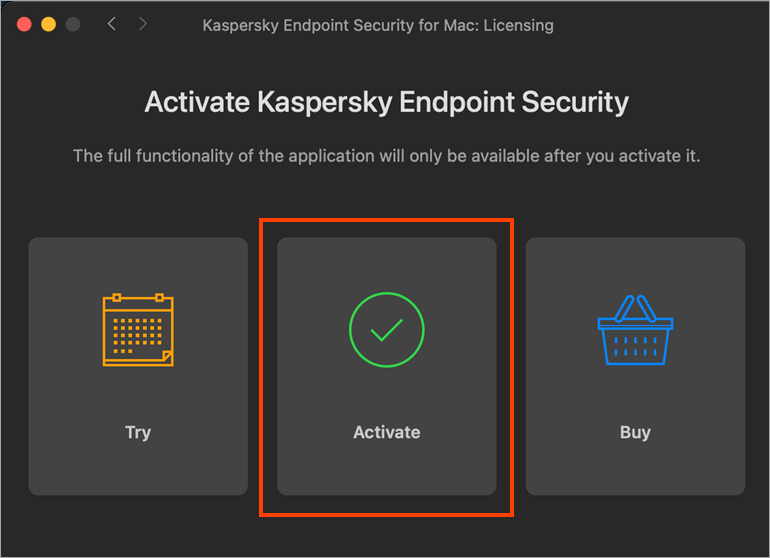 Choosing the license type in Kaspersky Endpoint Security 11 for Mac