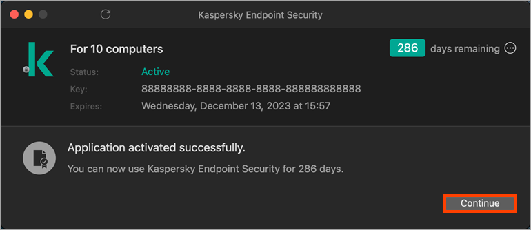 Confirming the activation Kaspersky Endpoint Security 11 for Mac