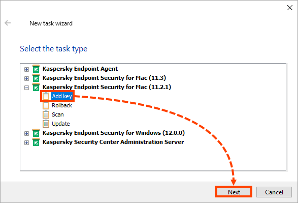 Selecting a task type in Kaspersky Security Center
