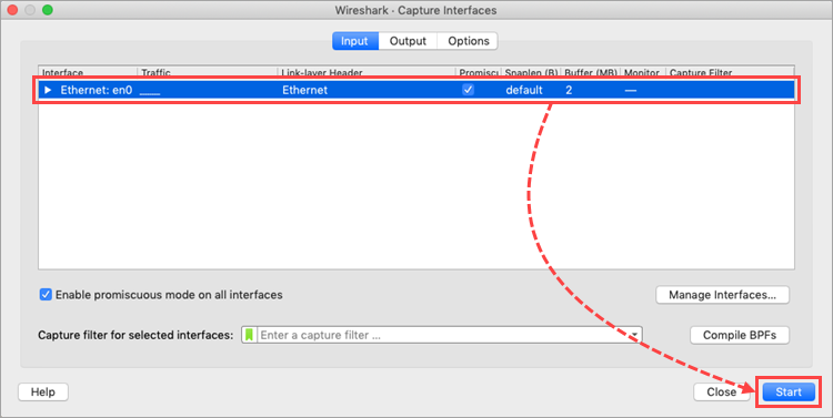 Selecting the network interface to collect logs in Wireshark