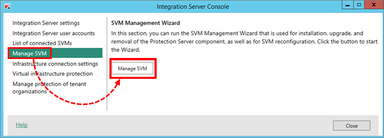 Launching SVM Management Wizard in the Integration Server administration console in Kaspersky Security for Virtualization 5.1 Light Agent