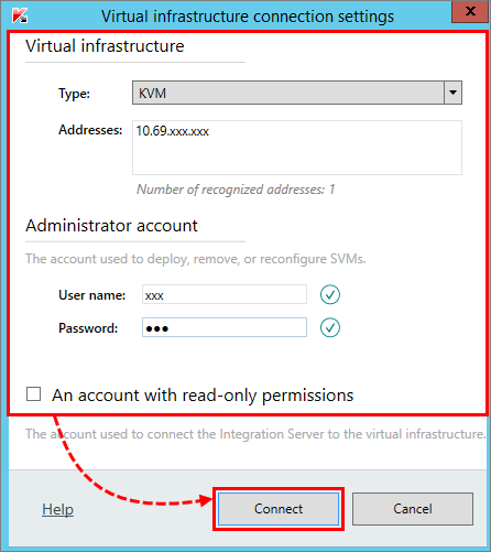 Configuring hypervisor parameters for virtual infrastructure connection in Kaspersky Security for Virtualization 5.1 Light Agent