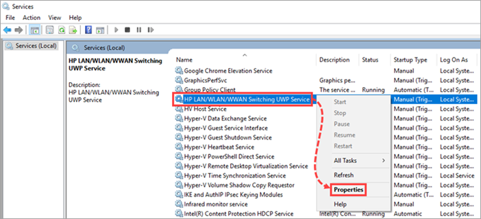 Opening properties of the HP LAN/WLAN/WWAN Switching UWP service